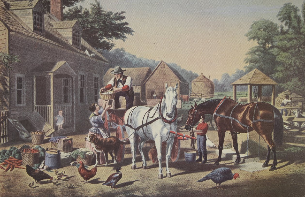Piacra készülődés, kocsma. 1856, Currier & Ives alkotó: American School