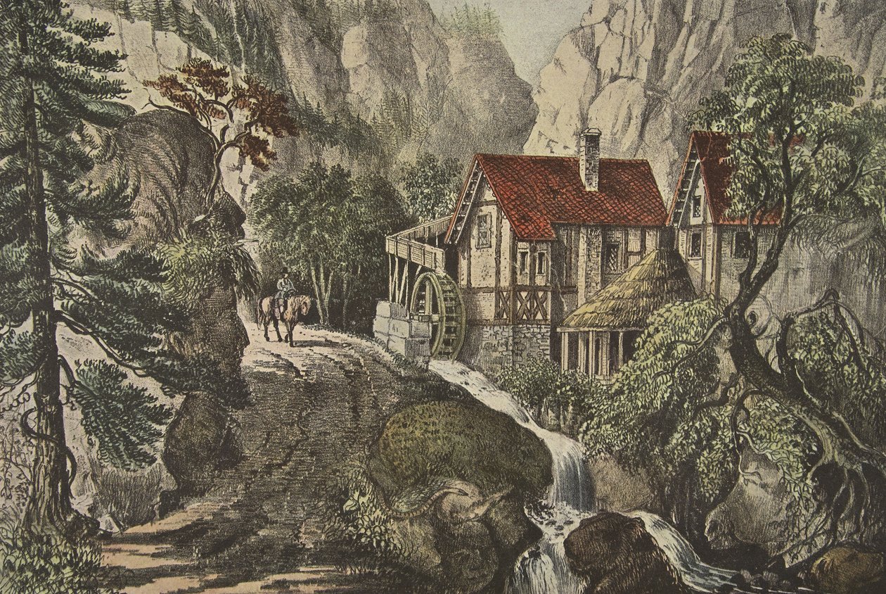 Rejtvény Kép - Old Swiss Mill, pub. 1872, Currier & Ives alkotó: American School