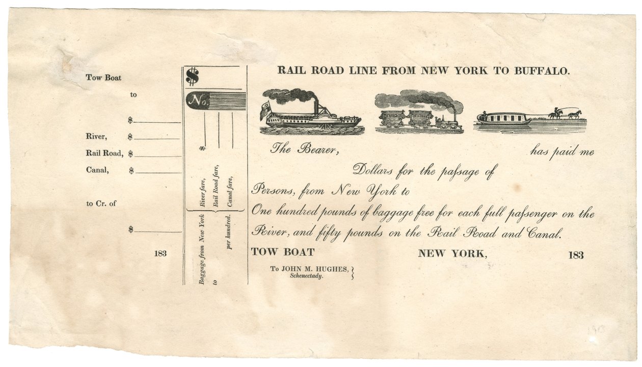 Vasútvonal New Yorkból Buffaloba [vonóhajó jegy], 1830-as évek (fametszet [jegy]) alkotó: American School