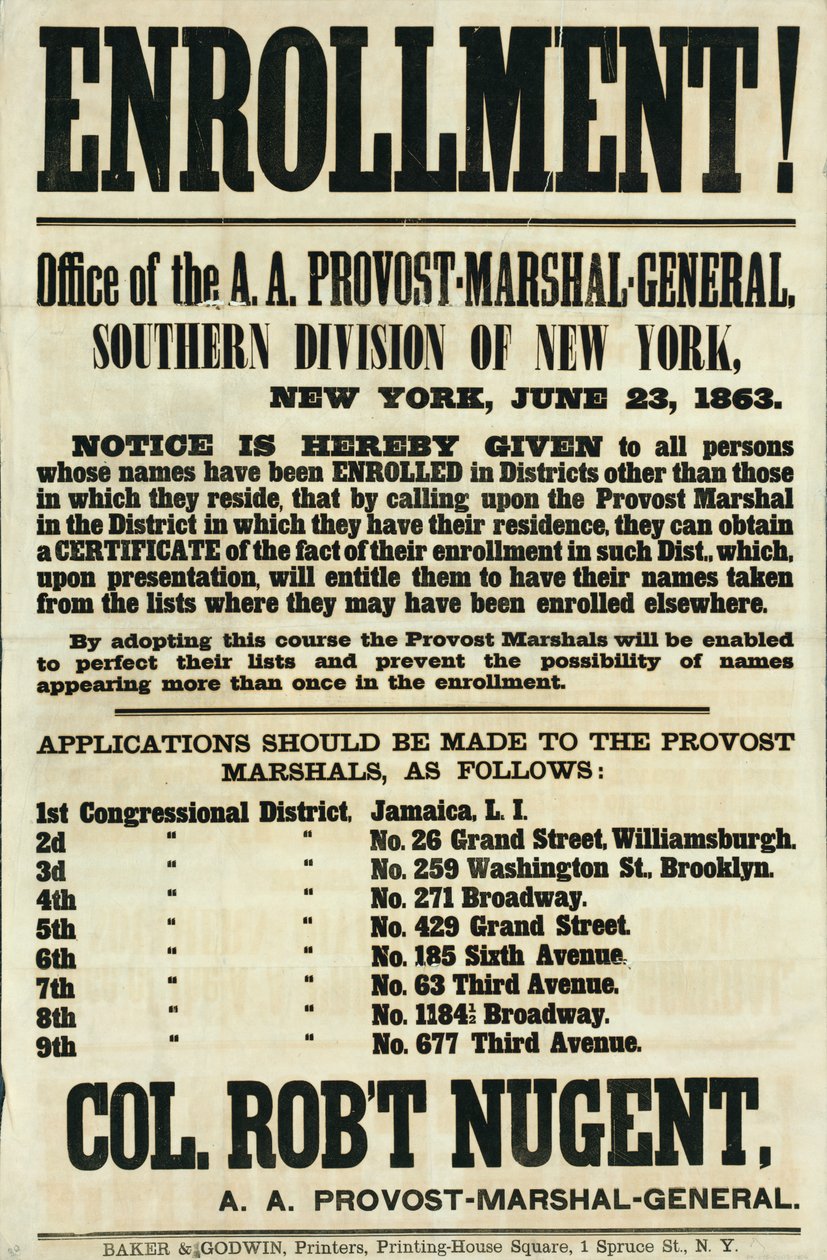 Toborzási plakát a New York-i déli részleghez, 1863. június 23 alkotó: American School