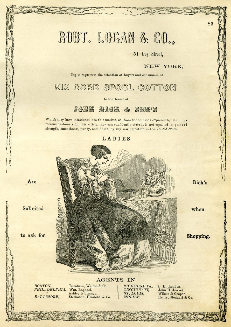 Robt. Logan & Co., 51 Dey Street, New York – Kérem a Six Cord Spool Cotton vásárlóinak és fogyasztóinak figyelmét a John Dick & Sons márkájára (fagravírozás) alkotó: American School