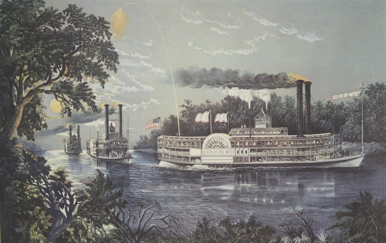 Rounding A Bend On The Mississippi, Steamboat Queen of the West, pub. 1866, Currier & Ives alkotó: American School
