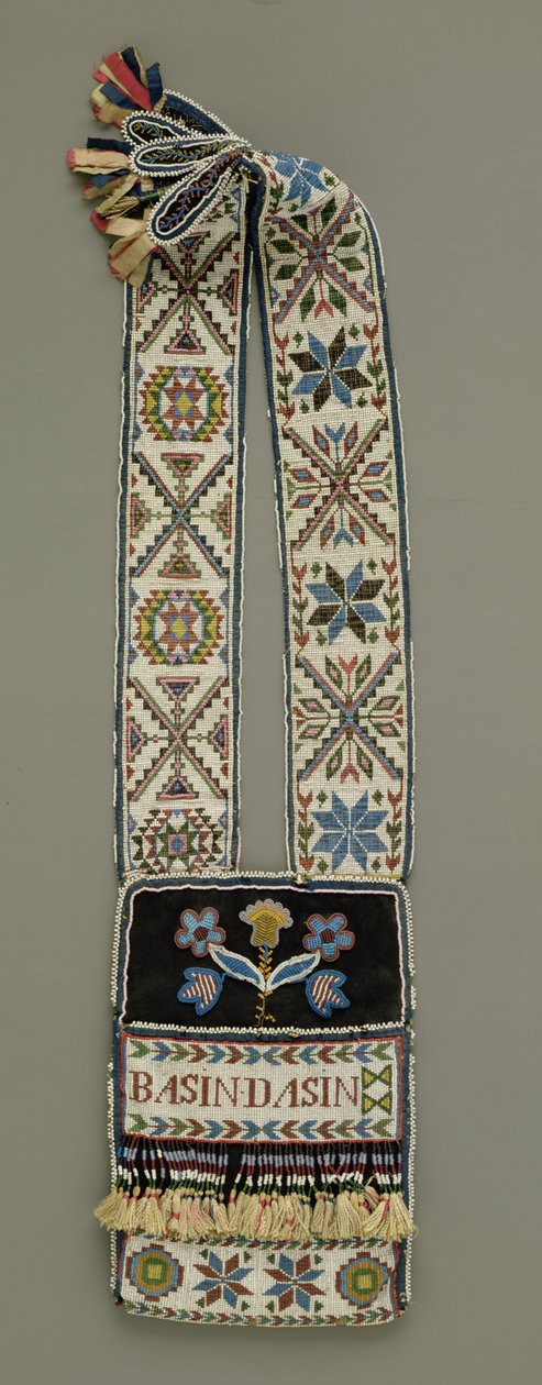 Válltáska, Chippewa, indián, 1850 körül (gyapjú, fonal, pamut és cérna, selyemszalag és üveggyöngyök) alkotó: American School
