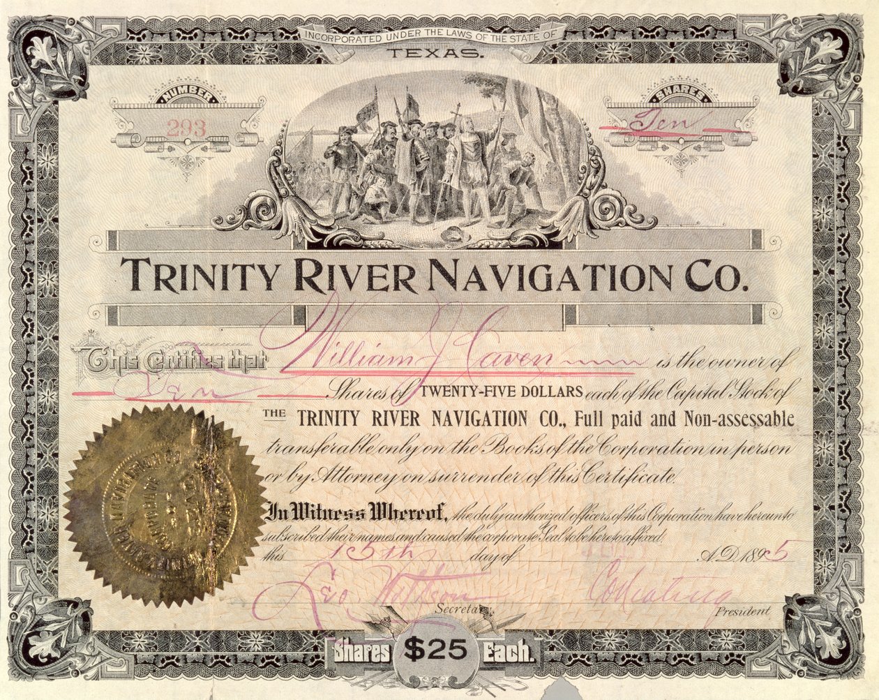 A Trinity River Navigation Co. részvényei, 1895 alkotó: American School