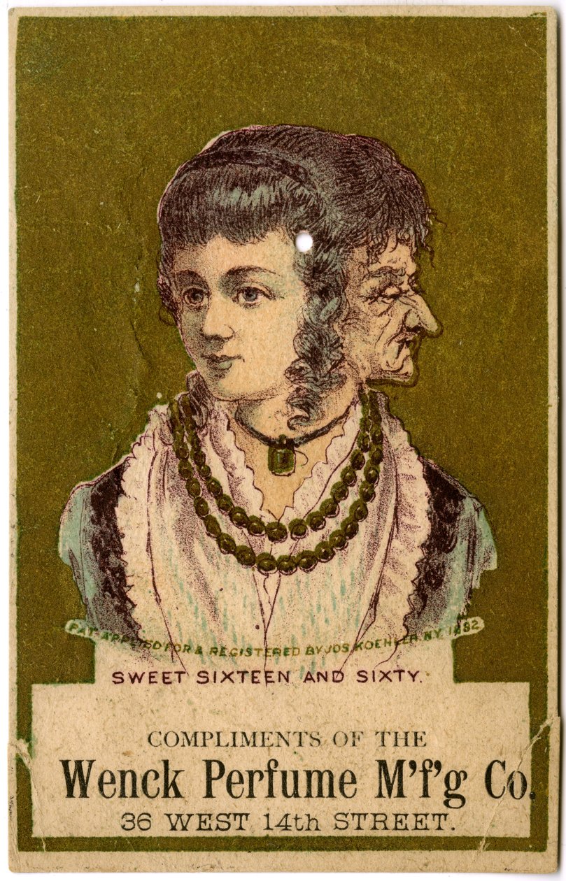 Sweet Sixteen and Sixty, Compliments of the Wenck Perfume Mfg Co., 36 West 14th Street, 1882 (színes litho [kereskedelmi kártya] alkotó: American School