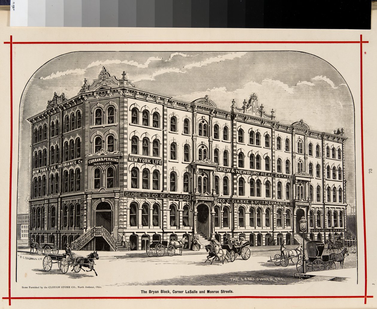 A Bryan blokk, a LaSalle és a Monroe Streets sarka, Chicago, Illusztráció: The Merchants and Manufacturers of Chicago Illustrated, 1873 alkotó: American School