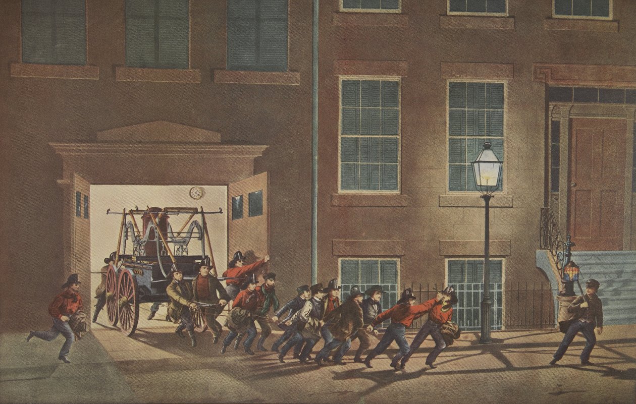 Egy tűzoltó élete – Éjszakai riasztó, kocsma. 1854, Currier & Ives alkotó: American School