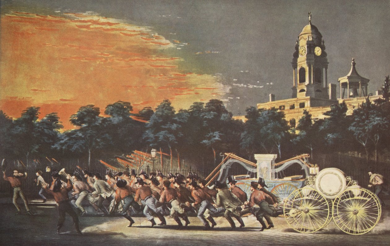 Egy tűzoltó élete – A verseny, kocsma. 1854, Currier & Ives alkotó: American School