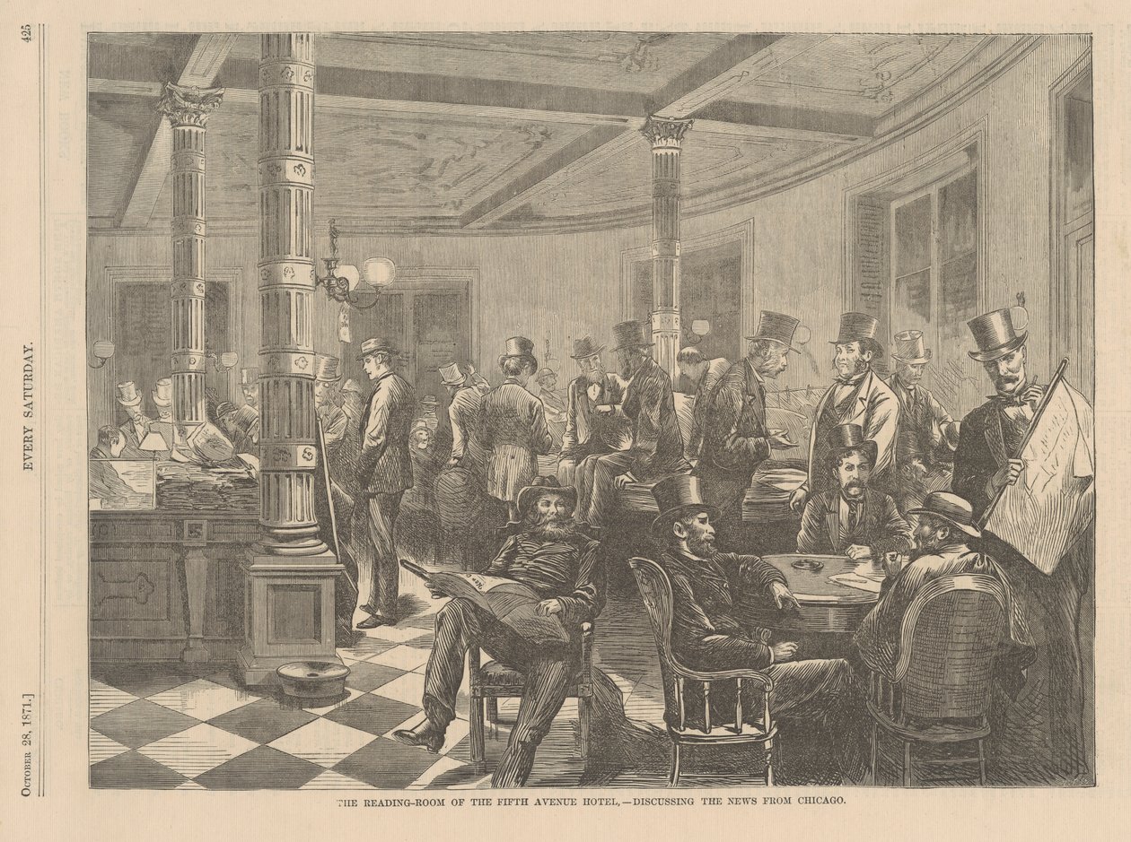 A New York-i Fifth Avenue Hotel olvasóterme – A chicagói hírek megbeszélése, illusztráció a Minden szombat, 1871-ből alkotó: American School
