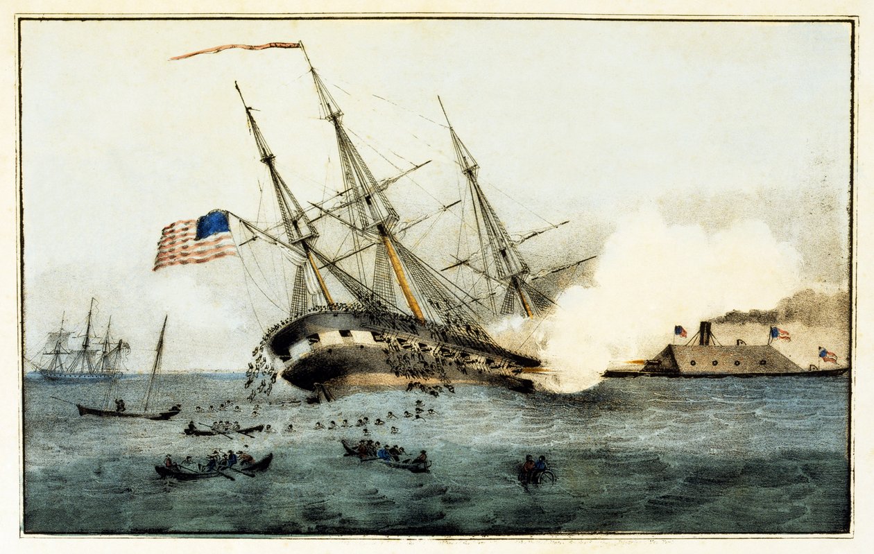 The Sinking of the Cumberland by the Iron Clad Merrimac, Newport News, Va., 1862. március 8., pub. 1862 alkotó: American School