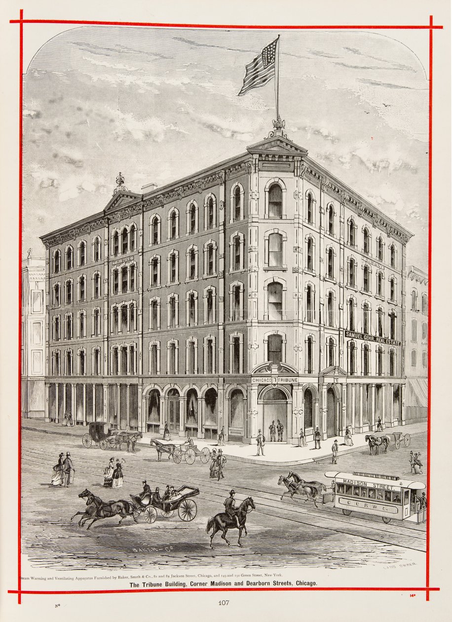 A Tribune épület a Madison és a Dearborn Streets sarkán, Chicago, Illusztráció: The Merchants and Manufacturers of Chicago Illustrated, 1873 alkotó: American School
