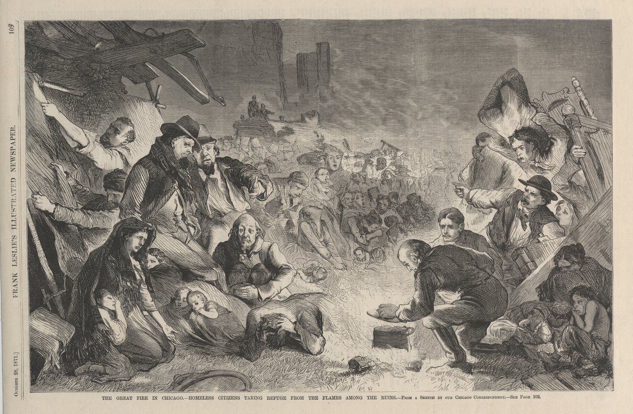 A nagy chicagói tűzvész – hajléktalan polgárok menedéket keresnek a lángok elől a romok között, illusztráció: Frank Leslies Illustrated Newspaper, 1871 alkotó: American School