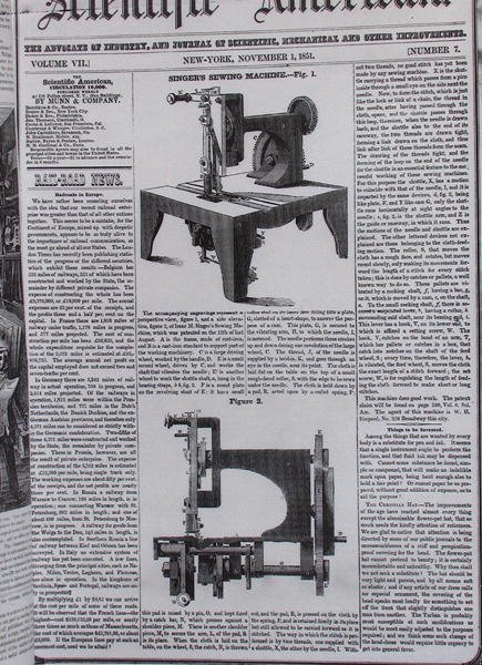 Isaac Merrit Singer (1811-75) varrógépének eredeti modellje a The Scientific American 1851. november 1-jei számából. alkotó: American School