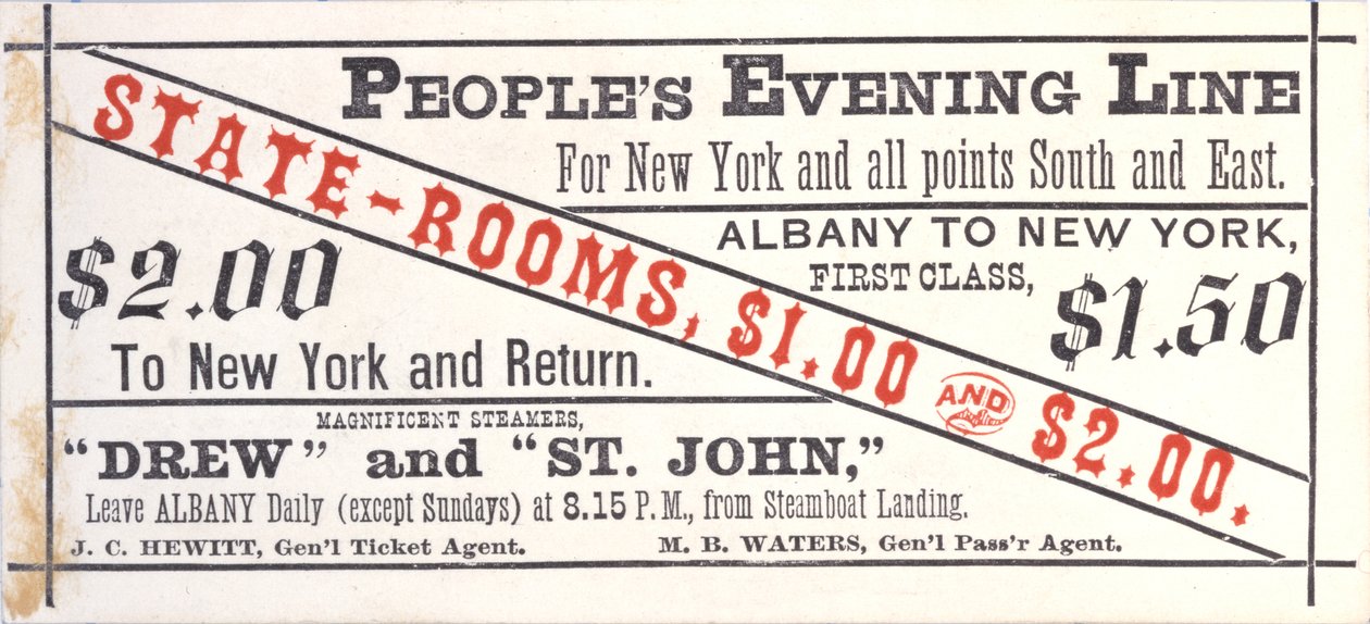 Jegy a Peoples Evening Line-re, Albany-New York, recto (gravírozás [jegy]) alkotó: American School