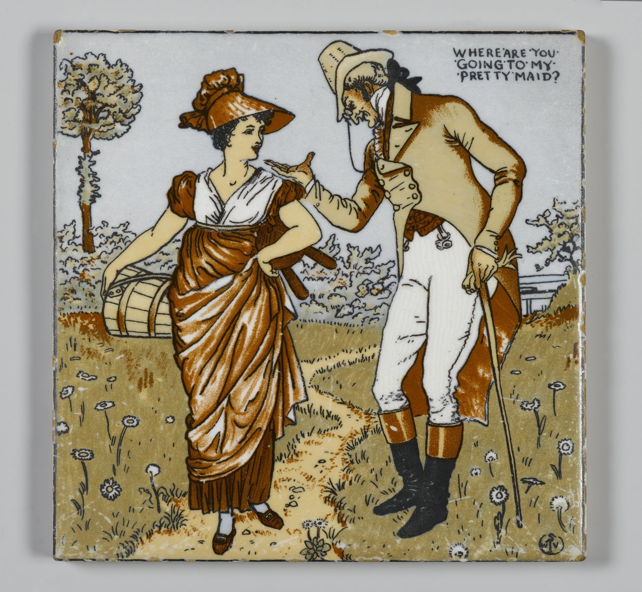A Walter T. Crane Wheeling Pottery Company által gyártott csempe, Wheeling, Nyugat-Virginia, 1890 körül (transzfernyomással nyomtatott polikróm, mázas cserép) alkotó: American School