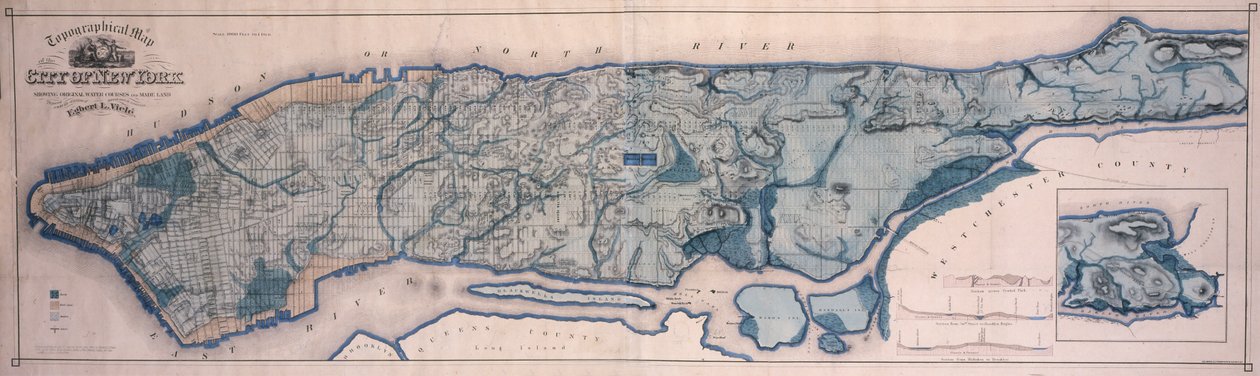 New York topográfiai térképe vízfolyásokkal és legyártott földekkel, 1865, 1865 (fekete tinta, színes mosással, szövettel alátámasztott papíron) alkotó: American School