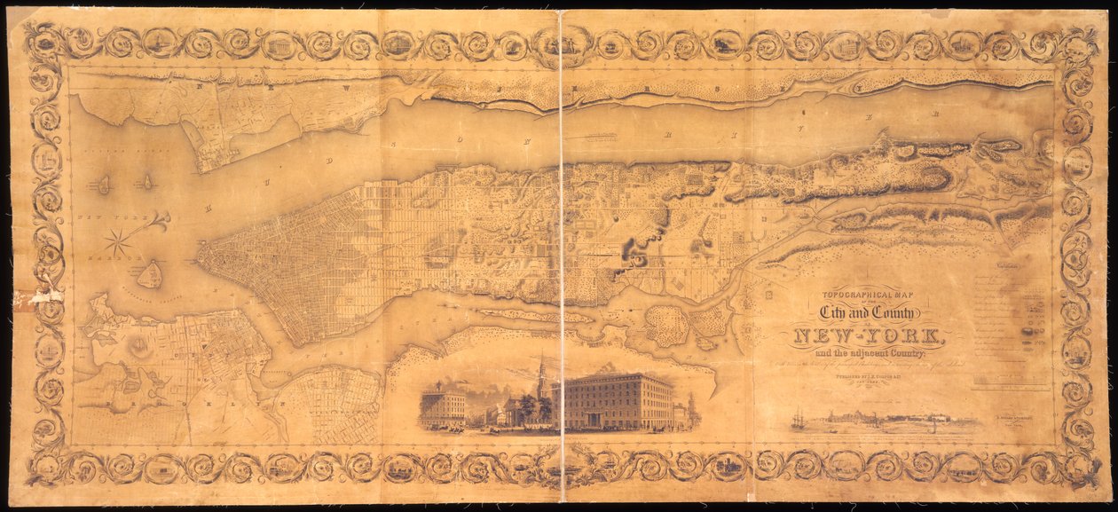 New-York városának és megyéjének, valamint a szomszédos országnak a topográfiai térképe: kilátással a főbb épületek határán, és a sziget érdekes tájaival, S. gravírozásával és nyomtatásával. alkotó: American School