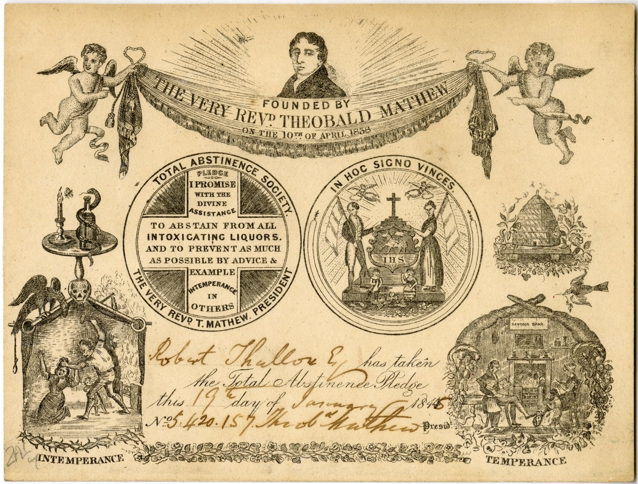Total Abstinence Society Total Abstinence Pledge kártya Robert Thallow számára, 1845 alkotó: American School