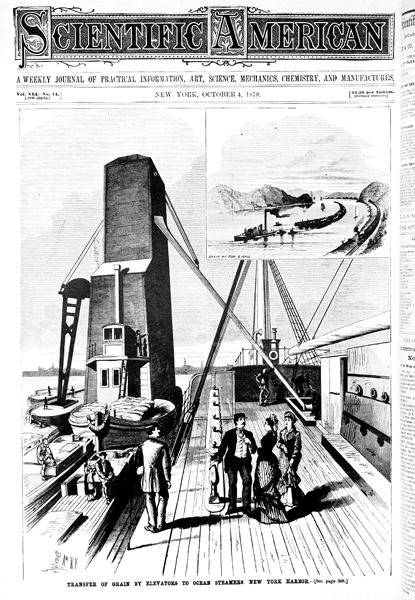 A gabona átrakása elevátorok által az óceáni gőzhajókra, New York kikötője, címlapillusztráció a Scientific American 1879. október 4-i számából. alkotó: American School