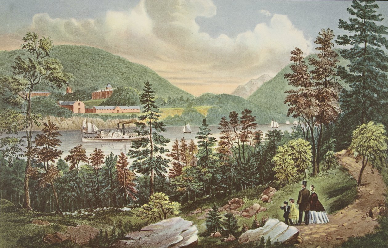 Amerikai Katonai Akadémia - West Point, a szemközti partról, kocsma. 1862, Currier & Ives alkotó: American School