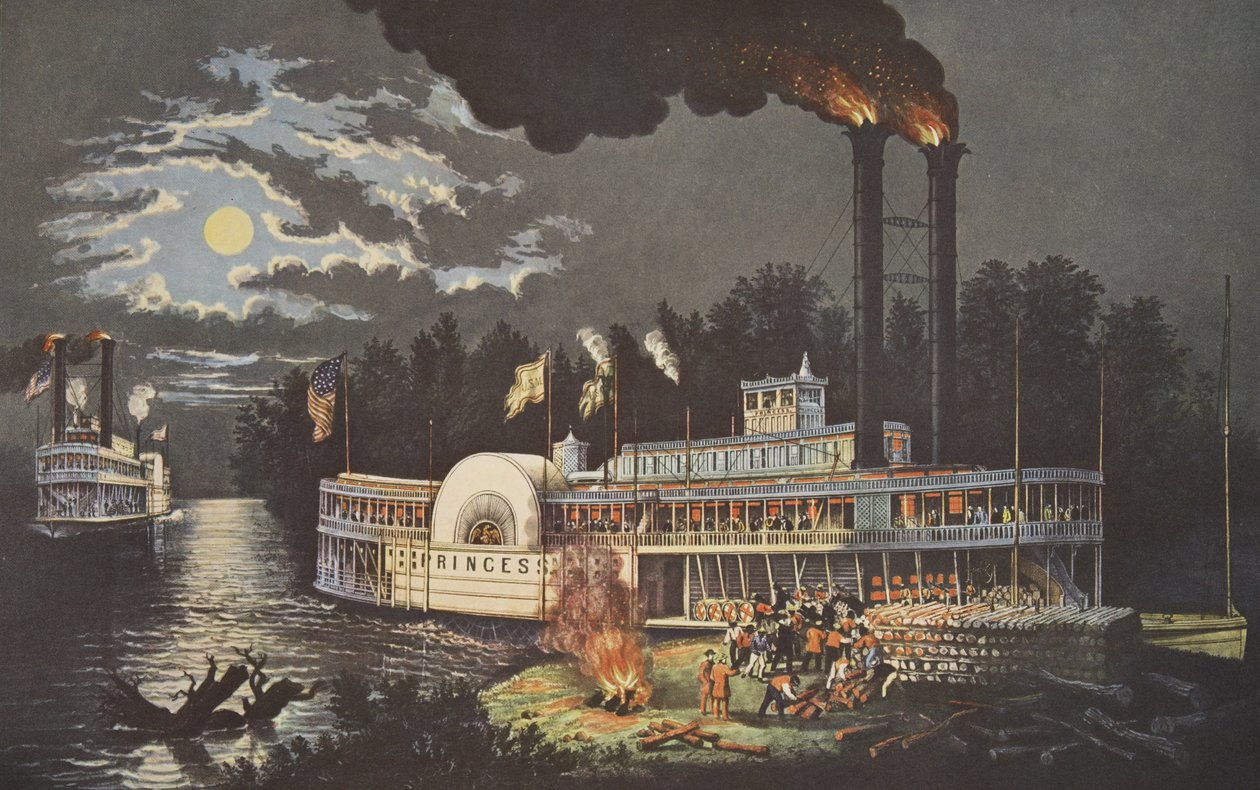 Wooding Up On The Mississippi, pub. 1863, Currier & Ives alkotó: American School