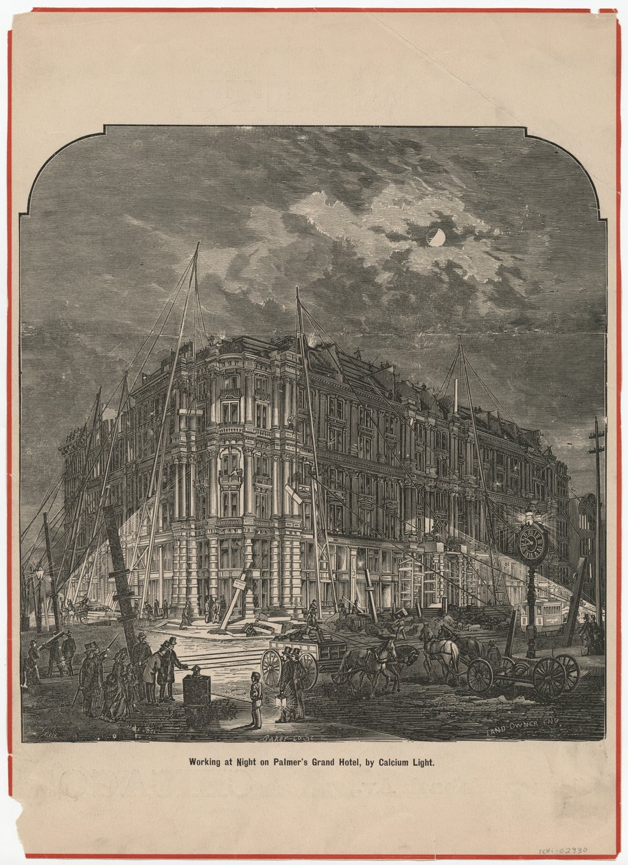 Éjszakai munka a Palmers Grand Hotelben a Calcium Light által, illusztráció: A földtulajdonos, 1872 körül alkotó: American School