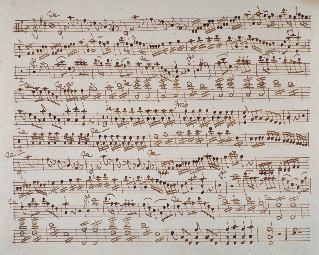 Az első hegedű kottájának oldala Wolfgang Amadeus Mozart (1756-1791) osztrák zeneszerző Mithridate-nyitányában, 1770. alkotó: Austrian School