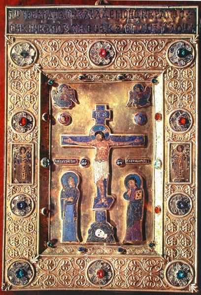 A keresztre feszítést Szűz Máriával és Keresztelő Szent Jánossal ábrázoló emléktábla (arany, zománc és drágakövek) alkotó: Byzantine