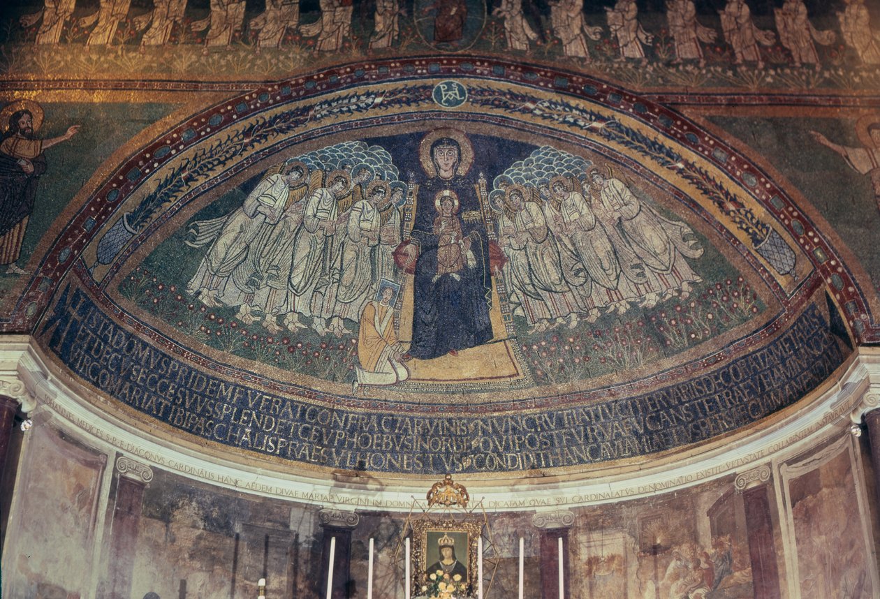 I. húsvéti pápa (817-24) a Szűzanya és a Gyermek lábánál, az apszisból (mozaik) alkotó: Byzantine School
