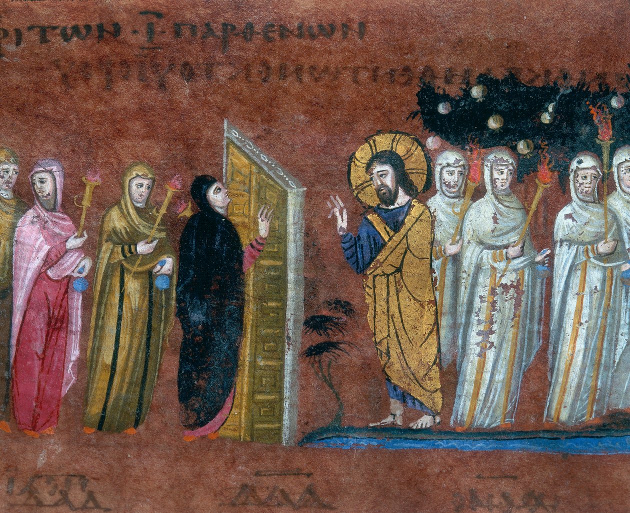 Példabeszéd a tíz szűzről, részlet a Codex Purpureus Rossanensis miniatúrájából, görög evangélisták miniatűrben valószínűleg Szíria Antiochiából vagy Cesarea Palesztinából, és a Diában őrzik alkotó: Byzantine School