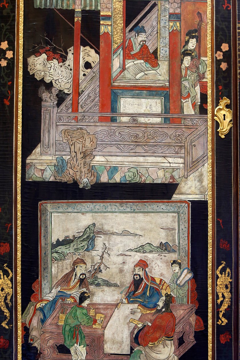 Coromandel lakk fa panelek Kínából, részlet, 1730 körül alkotó: Chinese School