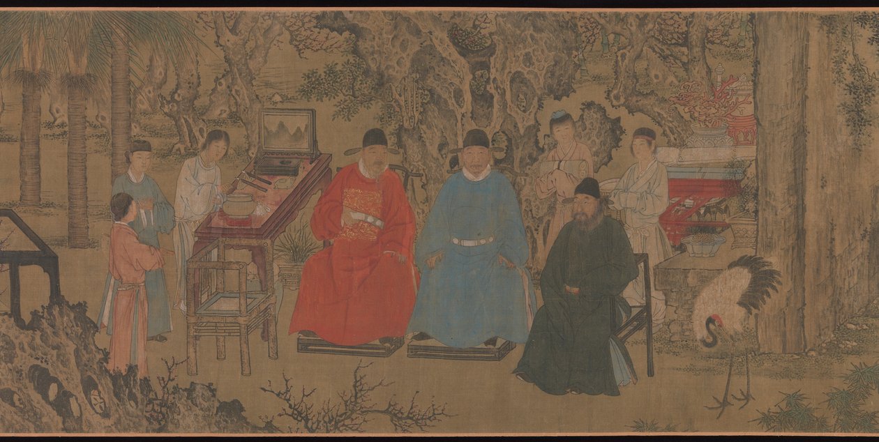 Elegáns összejövetel a kajszibarackkertben, kézi tekercs, 1437 körül (tinta és szín selyemen) alkotó: Chinese School