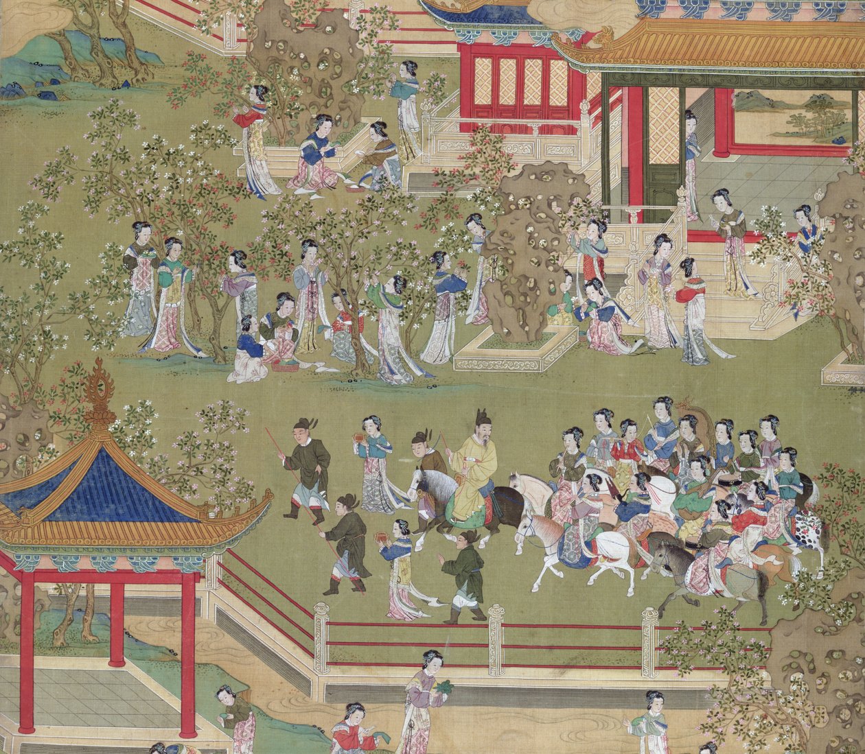 Yang Ti császár (581-618) kertjében sétál a feleségeivel, a kínai császárok történetéből (szín a selyemen) (39132 részlet) alkotó: Chinese School