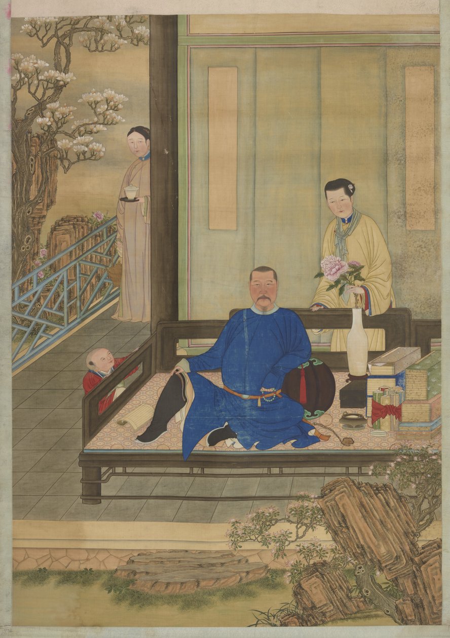 Egy azonosítatlan férfi és fia, Qing-dinasztia portréja (tinta és szín selyemen) alkotó: Chinese School