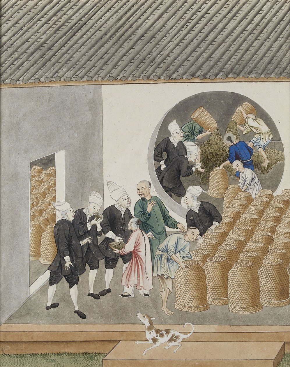A turbános holland VOC-kereskedők teát szagolnak a minőség érdekében egy kantoni (Guangzhou) tearaktárban, 1770 körül alkotó: Chinese School