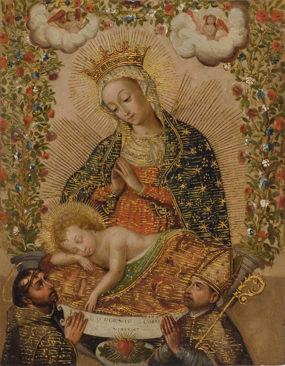 A Krisztus-gyermeket imádó Szűzanya két szenttel, 18. század (olaj, arany réz) alkotó: Cuzco School