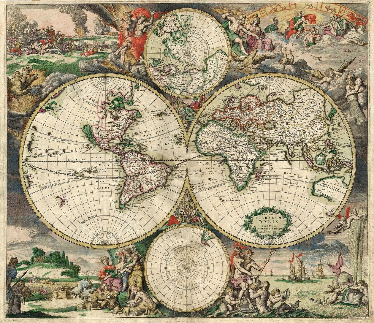 Terrarum Orbis Tabula G. a Schagen után. Kocsma. C. 1689 (kézzel színezett metszet) alkotó: Dutch School