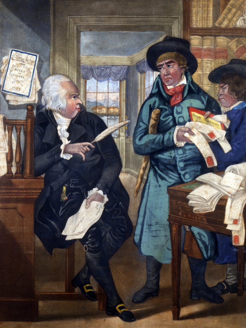 Egy végrehajtó és egy ügyvéd – Gyufa az ördögért, 1780 körül, nyomtatta és értékesítette: Carington Bowles, 1793 (kézzel színezett mezzotint) alkotó: English School