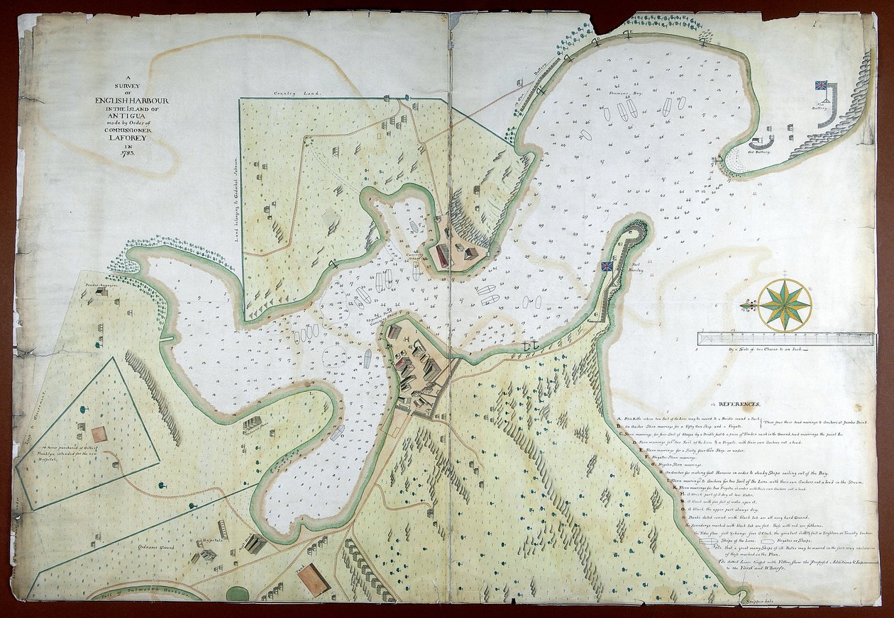 Az Antigua szigetén található angol kikötő felmérése, amelyet Laforey biztos parancsa készített 1783-ban alkotó: English School