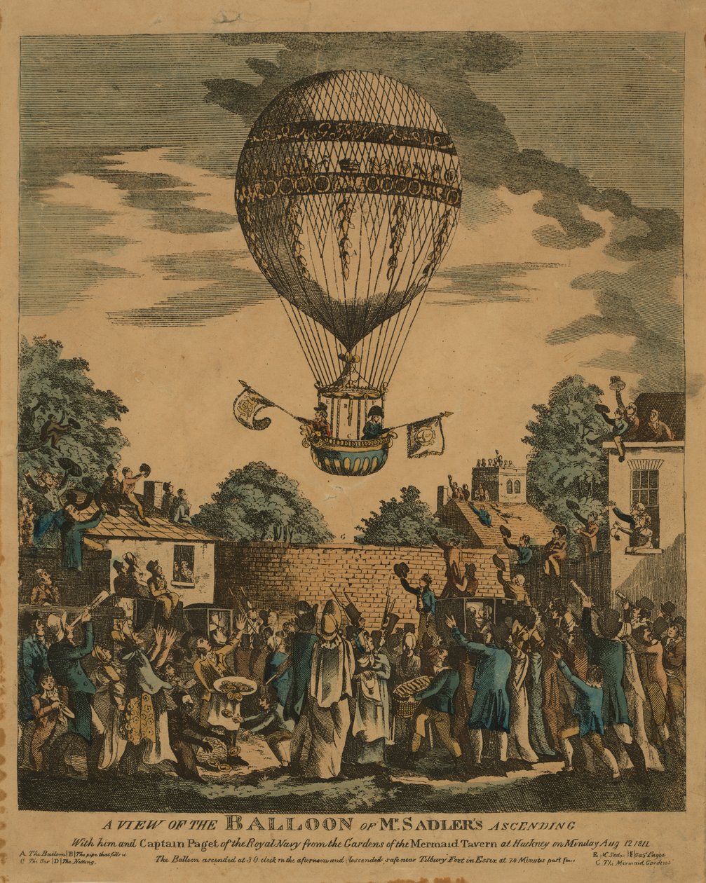 Kilátás a léggömbről, amelyen Mr. Sadlers és a Királyi Haditengerészet kapitánya együtt felszáll a Mermaid Tavern kertjéből Hackneyben 1811. augusztus 12-én, hétfőn alkotó: English School