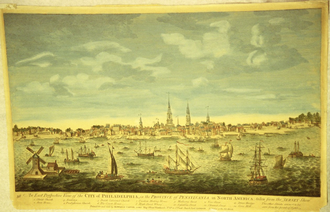 Philadelphia városának keleti perspektívája, 1790 körül (kézzel színezett metszet) alkotó: English School
