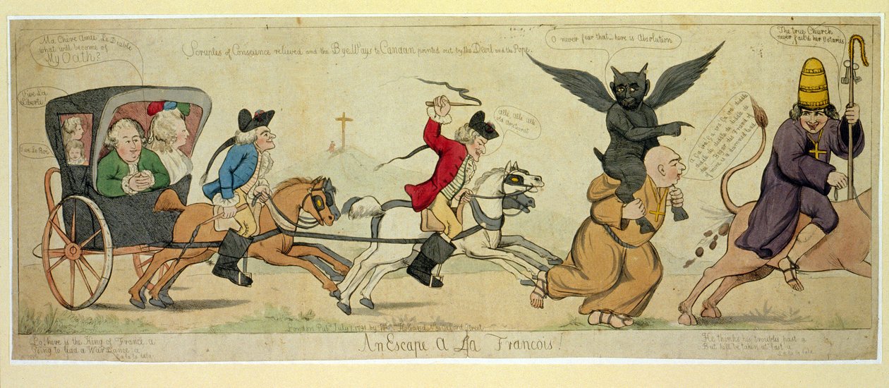 Menekülés à la Francois, kocsma. London 1791 (kézzel színezett metszet) alkotó: English School