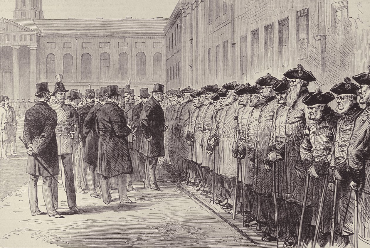 A Chelsea Kórház kétszázadik évfordulója: Cambridge hercege a nyugdíjasokat ellenőrzi, az Illustrated London Newsból, 1882. február 25. alkotó: English School