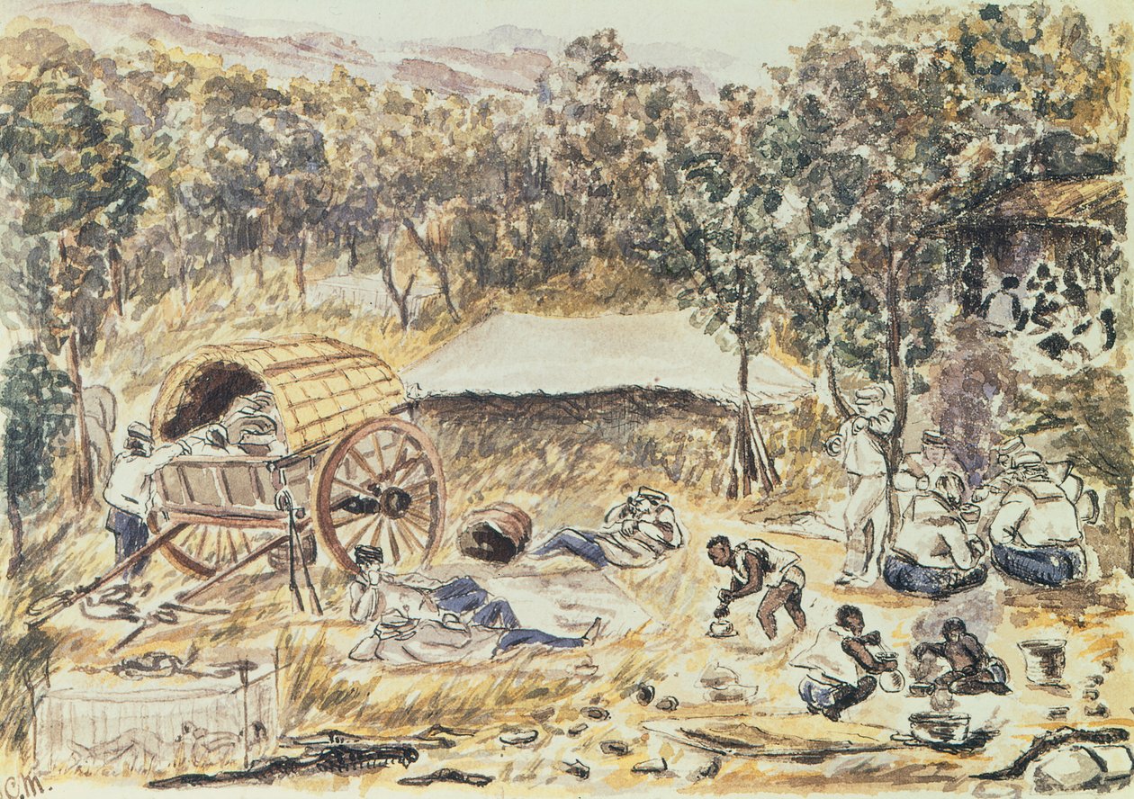 Esti megállás a Nyasa hölgy kocsijához a vízeséstől a tóig vezető utat keresve, 1863 körül (wc papíron) alkotó: English School