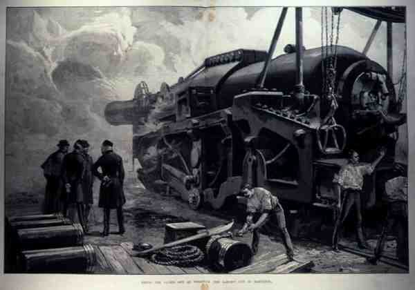 A 111 tonnás lövöldözés Woolwichban (a létező legnagyobb fegyver), a The Illustrated London Newsból, 1887. június 11. alkotó: English School