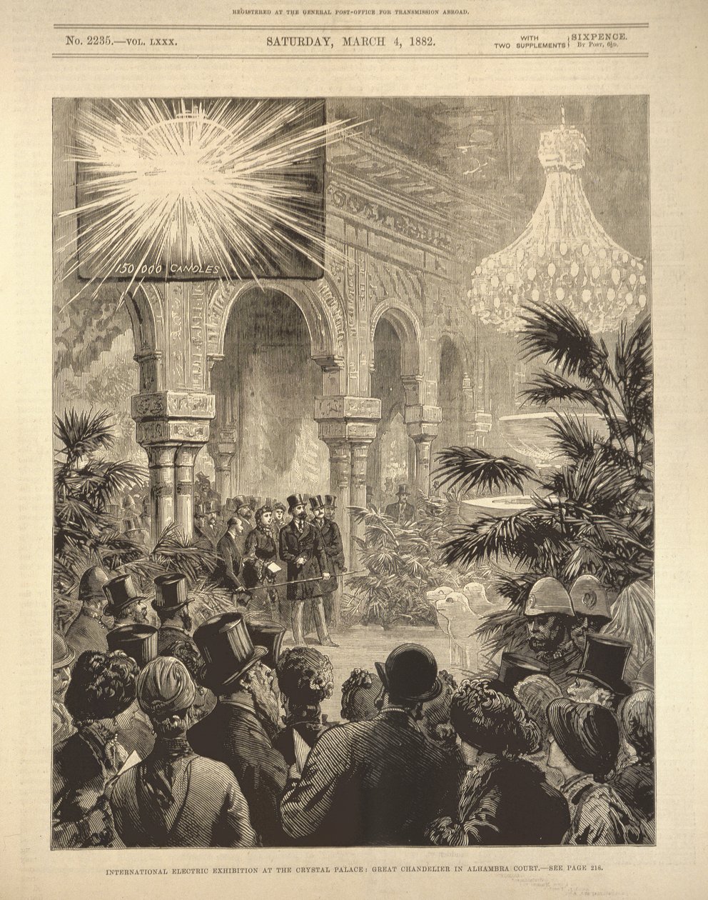 Nemzetközi Elektromos Kiállítás a Crystal Palace-ban: Nagy csillár az Alhambra udvarban, az Illustrated London Newsból, 1882. március 4. alkotó: English School