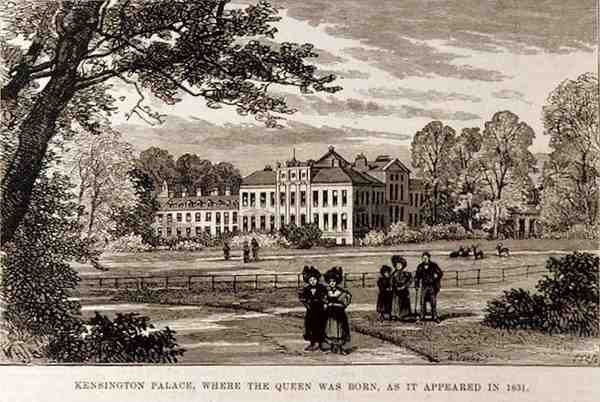 Kensington-palota, ahol a királynő született, ahogyan 1831-ben jelent meg a The Illustrated London Newsból, 1886. június 19. alkotó: English School