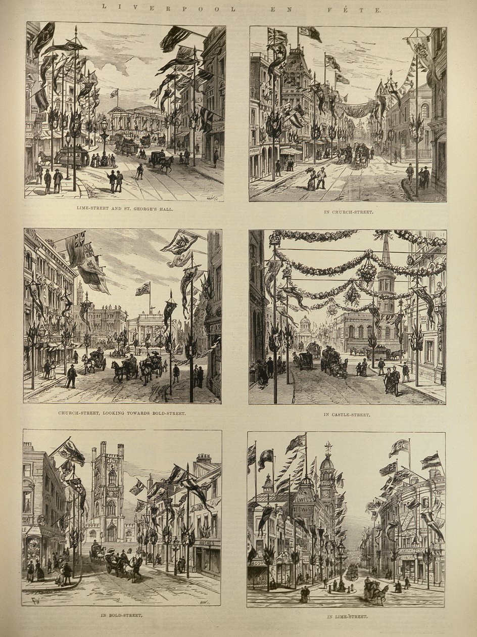 Liverpool en Fete: Lime Street és St. Georges Hall; Templom utca; Vár utca; Bold Street, a The Illustrated London Newsból, 1886. május 15 alkotó: English School
