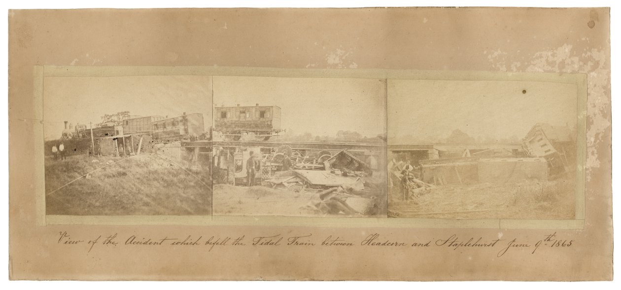 Montage a Staplehurst vonatbalesetről, 1865 (három szépia tónusú fénykép egy kártya hátlapra szerelve) alkotó: English School