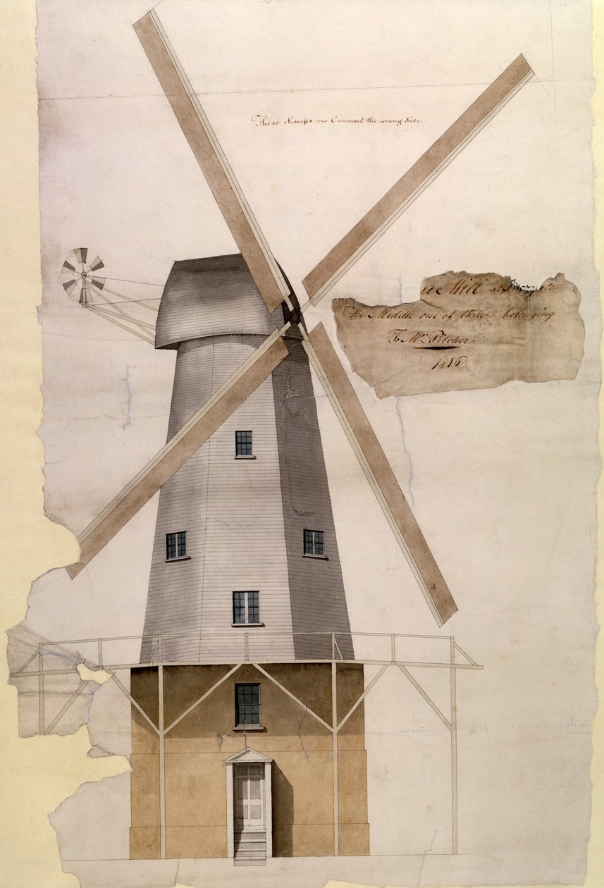 Mr Pilchers szélmalom, Margate, Kent, 1816 (toll és tinta, ceruza és mosás papíron) alkotó: English School